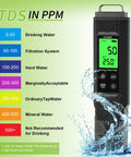 5 In 1 TDS Meter Salinity Tester EC Meter Temperature And pH Meter For Water Digital Water Tester Pool Salt Hydroponics PPM To PPT Conversion Pro Grade Accurate Readings For Water Quality And Pool Care displaying measurement scale and water splash effect.