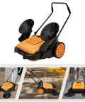 Industrial Push Broom Walker With Dual Steel Handles And Roomy Hopper slays leaves and debris on concrete driveways effortlessly.