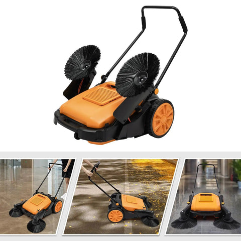 Industrial Push Broom Walker With Dual Steel Handles And Roomy Hopper slays leaves and debris on concrete driveways effortlessly.