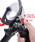 User operating Ratchet Cable Wire Cutter For Cu And Al Wires Up To 300mm2, 9.4 Inch Round Section Tool With Beefy Steel Blades