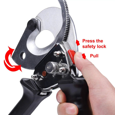 User operating Ratchet Cable Wire Cutter For Cu And Al Wires Up To 300mm2, 9.4 Inch Round Section Tool With Beefy Steel Blades