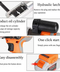 Feature details of Pro Level Kick Butt Electric Hydraulic Crimping Tool With Rechargeable 18V Lithium Battery showing oil cylinder and controls.