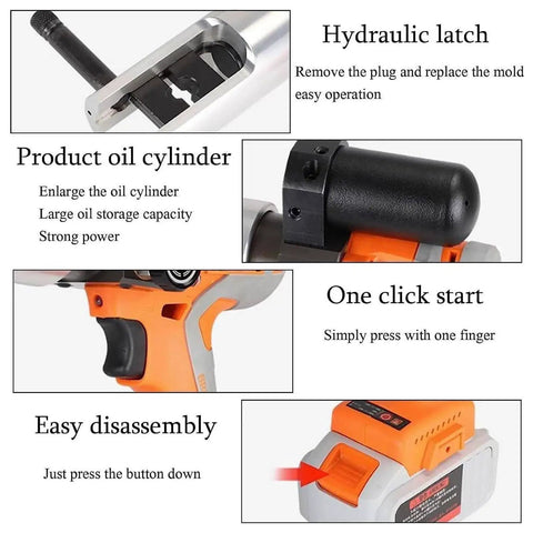 Feature details of Pro Level Kick Butt Electric Hydraulic Crimping Tool With Rechargeable 18V Lithium Battery showing oil cylinder and controls.