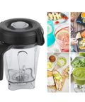 Clear Blender Jar With Blade Lid Replacement, 64 Ounce Transparent Container For Smoothies And Sauces next to drink and food images