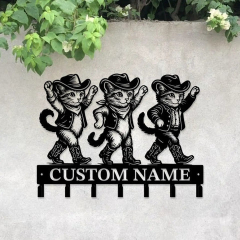 Personalized Western Cowboy Key Holder With Custom Name Engraving Metal Iron Wall Hook decorative cats design