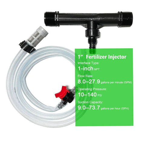 Venturi Fertilizer Injector Kit for Drip Irrigation Systems 1 Inch NPT Water Powered Mixer with hose and flow control valve
