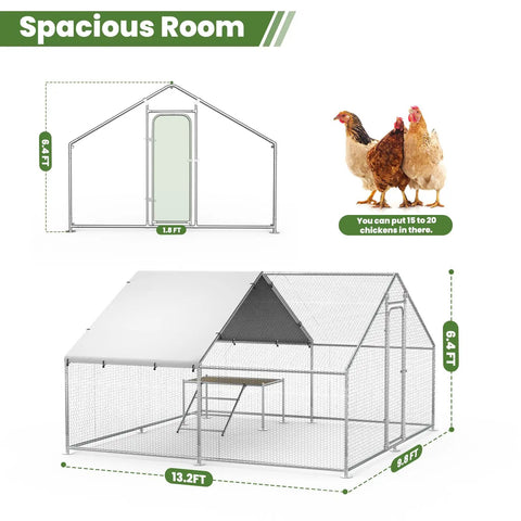 Large Metal Chicken Coop With Walk In Roosting Ladder, UV Resistant Cover, Waterproof Roof, Rust Resistant Heavy Duty Steel Frame shown in dimensions