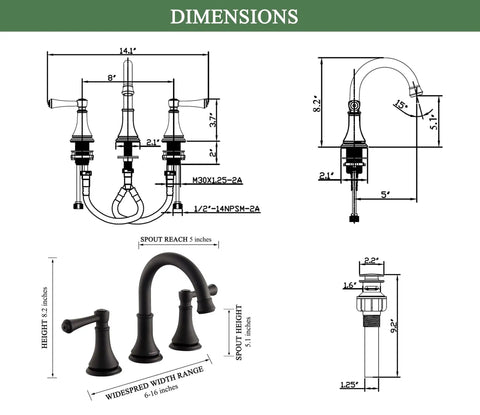 Technical diagram of Matte Black Eight Inch Widespread Bathroom Sink Faucet With Three Holes And Pop Up Drain dimensions.