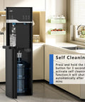 Hot And Cold Water Dispenser With Built In Ice Maker Bottom Loading 5 Gallon System in kitchen, self-cleaning feature shown