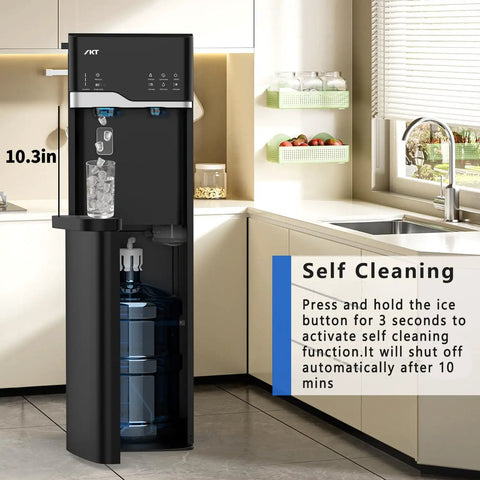 Hot And Cold Water Dispenser With Built In Ice Maker Bottom Loading 5 Gallon System in kitchen, self-cleaning feature shown