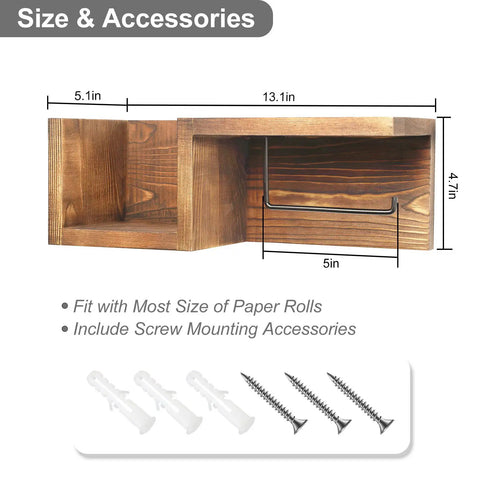 Wooden Toilet Paper Holder Wall Mount With Shelf Farmhouse Bathroom Storage Rack showing dimensions and mounting screws
