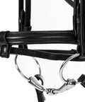 Close-up of the black padded dressage bridle with reins and removable flash for warmbloods, featuring durable leather and half-inch cheeks.