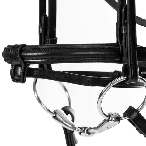Close-up of the black padded dressage bridle with reins and removable flash for warmbloods, featuring durable leather and half-inch cheeks.