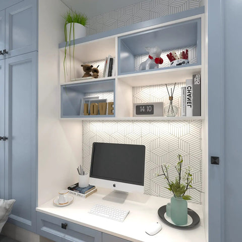 Home office with White And Silver Peel And Stick Wallpaper Modern Geometric Hexagon Pattern 17.7 In By 393 In Self Adhesive Removable Wall Covering on wall