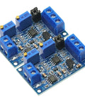 Two Pack 4-20mA To 0-3.3V 0-5V And 0-10V Current To Voltage Converter Module shown with blue connectors and resistors