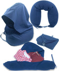 Travel Neck Pillow With Built In Two Way Hood And Stuffable Pocket Turns Pillow Into Extra Carry On Luggage Cotton Light Blocking Navy Lightweight Comfort For Long Hauls And Air Travel, navy cotton travel neck pillow with hood and stuffed pocket