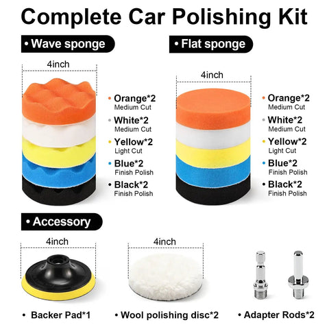 All In One Pro Grade 33 Piece 4 Inch Car Polishing Pad Kit with foam wave and flat pads, wool buffers, and drill adapters