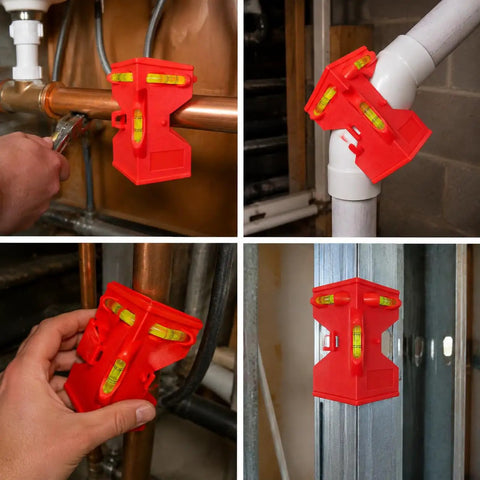 Spirit Level, Pipe Corner, Adjustable Angle Pipe Corner Gauge attached to pipes, measuring angles for plumbing tasks.