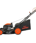 Side view of a Gas Walk Behind Lawn Mower With CVT 6 Speed Pace Control, high wheel front drive, 22 inch deck, black and orange.
