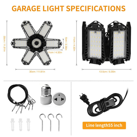 4 Foot LED Shop Light With 6 Foldable Heads, 50W 6500K Daylight White, 7000 Lumens, linkable with wiring and mounting accessories shown