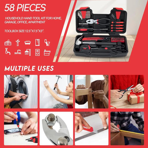 58 Piece Home DIY Tool Set With Durable Plastic Toolbox Case Grab And Go Starter Kit For Home Garage Office And Dorm, open with tools inside