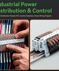 No Sweat Universal DIN Rail Terminal Blocks Kit with 20 wire connectors, installed in an industrial control panel.