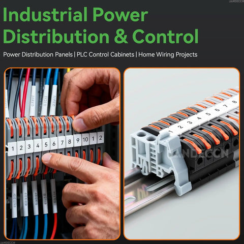 No Sweat Universal DIN Rail Terminal Blocks Kit with 20 wire connectors, installed in an industrial control panel.
