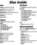 Size guide for 51mm, 53.5mm, and 58.5mm portafilter compatibility with espresso machines.