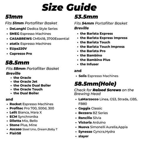 Size guide for 51mm, 53.5mm, and 58.5mm portafilter compatibility with espresso machines.