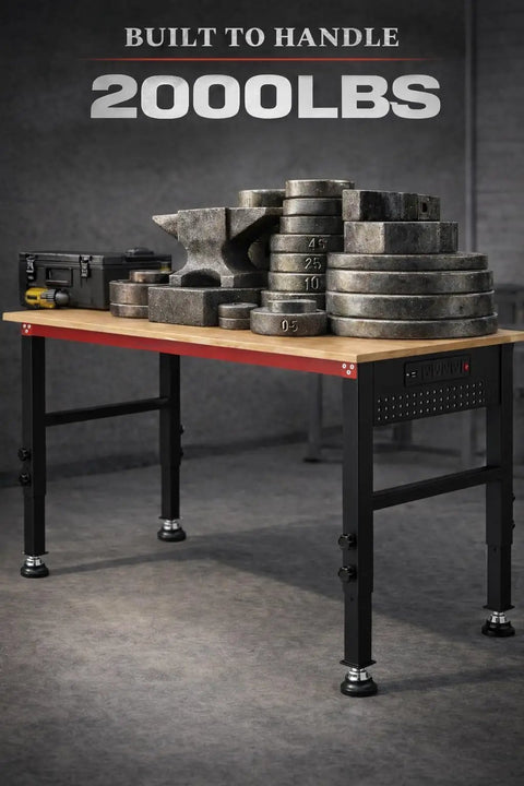 Heavy Duty 48 Inch Adjustable Height Workbench With Power Strip And Pegboard Pro Grade Solid Wood Top Reinforced Steel Frame 2000 Lbs Load Capacity Demonstrating Strength
