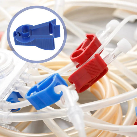Three Pack Peritoneal Flow Control Clips For Dialysis Tubing And Bag Clamp On The Go Portable ABS Clips Replacement Peritoneal Dialysis Accessories Blue shown with tubing