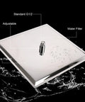 High Pressure Square Rain Shower Head With 16 Inch Chrome Head and water droplets on black background