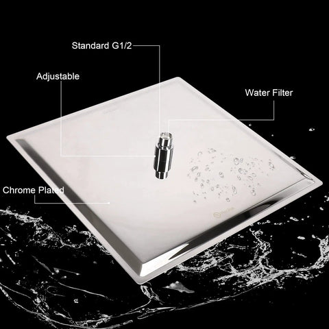 High Pressure Square Rain Shower Head With 16 Inch Chrome Head and water droplets on black background