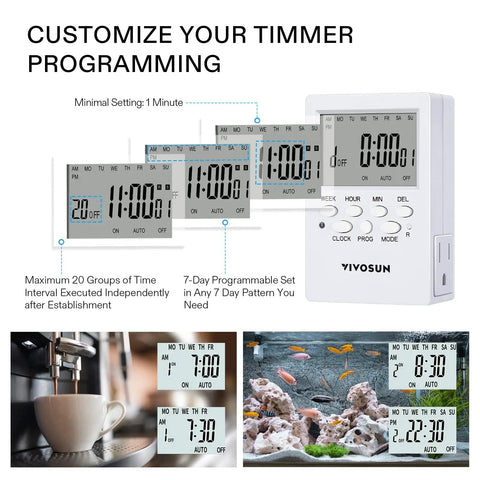 Dual Outlet 7 Day Programmable Digital Timer With 20 On Off Programs UL Listed Heavy Duty Plug In Countdown Timer with displays