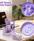 Purple Desk Organizer Set All in One Office Supplies Kit Boss Desk Must Have with Rotating Pen Holder and Stapler on desk