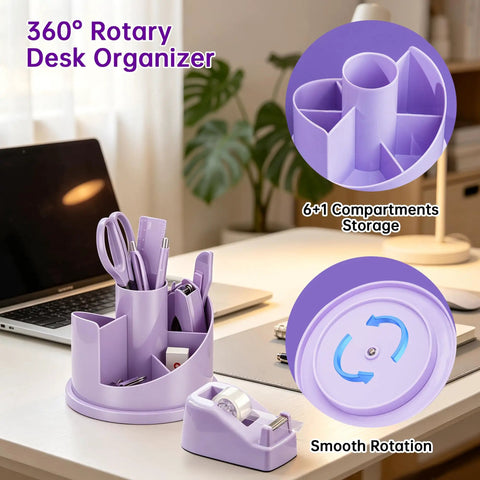 Purple Desk Organizer Set All in One Office Supplies Kit Boss Desk Must Have with Rotating Pen Holder and Stapler on desk