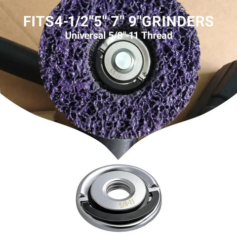 Quick Change Angle Grinder Flange Nuts With Pull Ring Design, Heavy Duty Locking Nuts For Disc Grinders, features a purple disc and universal 5/8-11 thread.