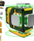 360 Self Leveling Laser Level With Green Beam 4x360 Bright Lines For Construction Pro Grade Kit With Rechargeable 12V Battery Up To 40 Hours Remote Control Magnetic Rotating Stand And Hard Carry Case, front view with remote