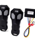12V Wireless Winch Remote Control Kit 2 Pack With Dual Transmitters Universal Five Wire System For Truck Car ATV SUV Winches Plug And Play Setup 100 Foot Range English Manual Included Works With Most Self Recovery Winches, two black remotes and receiver with wires