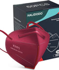 Red KN95 face mask with box, 5-ply, featuring elastic ear loops and nose bridge clip, product: 60 Packs Individually Wrapped KN95 Face Masks