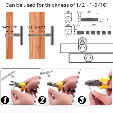 Instructions for installing 10 Pack Brushed Nickel T Bar Cabinet Knobs 2 Inch Single Hole on wood thickness adjustments.