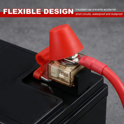 Heavy Duty MRBF Terminal Fuse Block, 300 Amp 58 Volt DC Single Stud Battery Fuse Kit with red insulated cap on battery.
