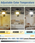 Lit Seventeen Point Five Inch Ceiling Fan Light With Remote, showing adjustable warm, natural, cool light in different home settings