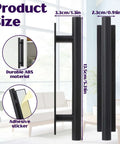 Six Pack Black ABS Plastic Peel And Stick Cabinet Handles with dimensions and adhesive details displayed