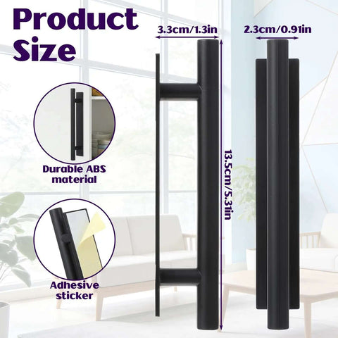 Six Pack Black ABS Plastic Peel And Stick Cabinet Handles with dimensions and adhesive details displayed