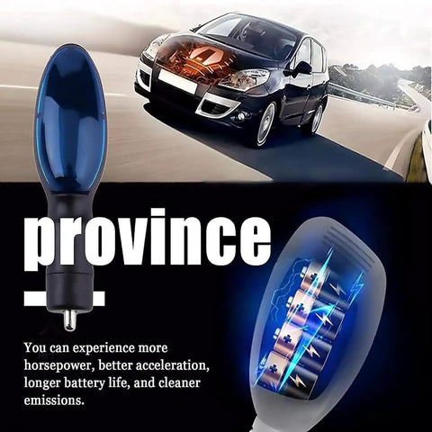 Universal Car Fuel Saver Device With Plug And Play Energy Economy Boost Improves Start And Power Helps Save Ten To Thirty Percent On Gas Instantly Compatible With Cars Trucks And Diesel Engines Easy Install, shown with glowing elements in a car graphic.