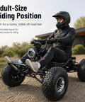 Rider on electric off road go kart with 72V 3000W motor, 62 MPH top speed, 37 mile range, dual hydraulic brakes, AT19x7-8 tires.