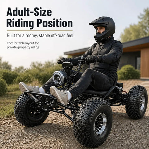 Rider on electric off road go kart with 72V 3000W motor, 62 MPH top speed, 37 mile range, dual hydraulic brakes, AT19x7-8 tires.