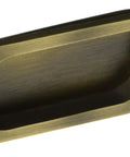 Side view of Large Antique Brass Flush Pull For Cabinet Doors 4 Inch High By 1-5/8 Inch Wide By 3/8 Inch Thick With 3 Inch Center To Center Hole Spacing