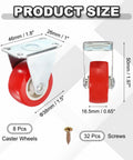 1.5 Inch Red Swivel Caster Wheels Set, 8 Pack PVC Plate Casters With 66 Lb Capacity Each, dimensions and screws shown